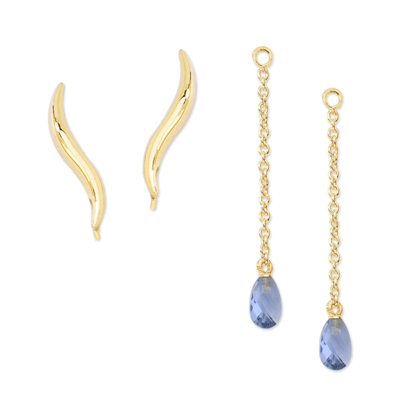 Ear Climber Classic Short Ear Pin Earrings w Interchangeable Cubic Tanzanite Enhancer Drop Earrings 18k Gold Over Silver