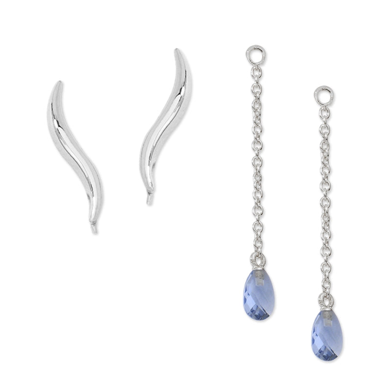 Ear Climber Classic Short Ear Pin Earrings w Interchangeable Cubic Tanzanite Enhancer Drop Earrings Sterling Silver