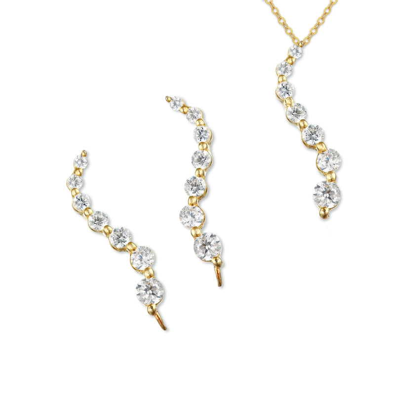 Ear Climber Journey Ear Pin Earrings with Matching Pendant Cubic Zirconias 18k Gold Over Silver