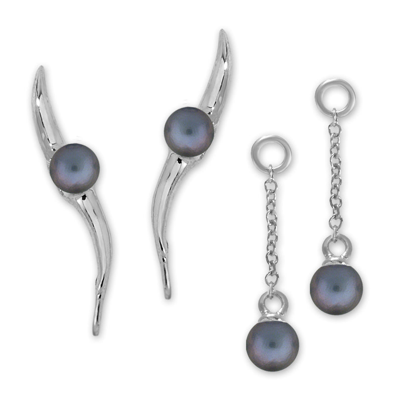 Black Freshwater Pearl Ear Pin Earrings with Interchangeable Enhancers