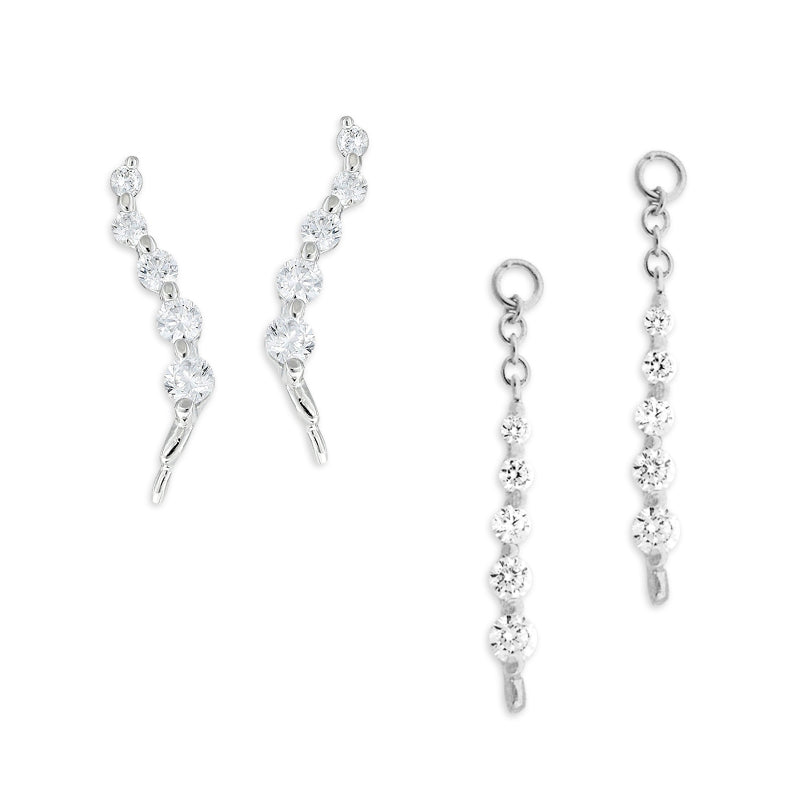 Silver Journey CZ Ear Pin Earring with Matching Interchangeable Dangle