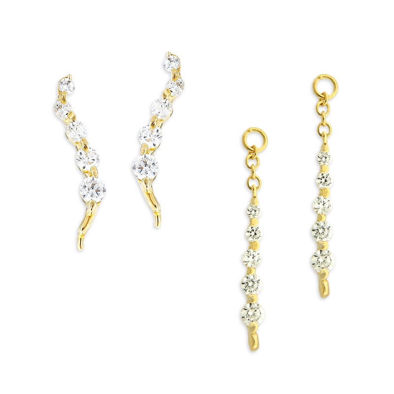 Gold Over Silver Journey CZ Ear Pin Earring with Matching Interchangeable Dangle