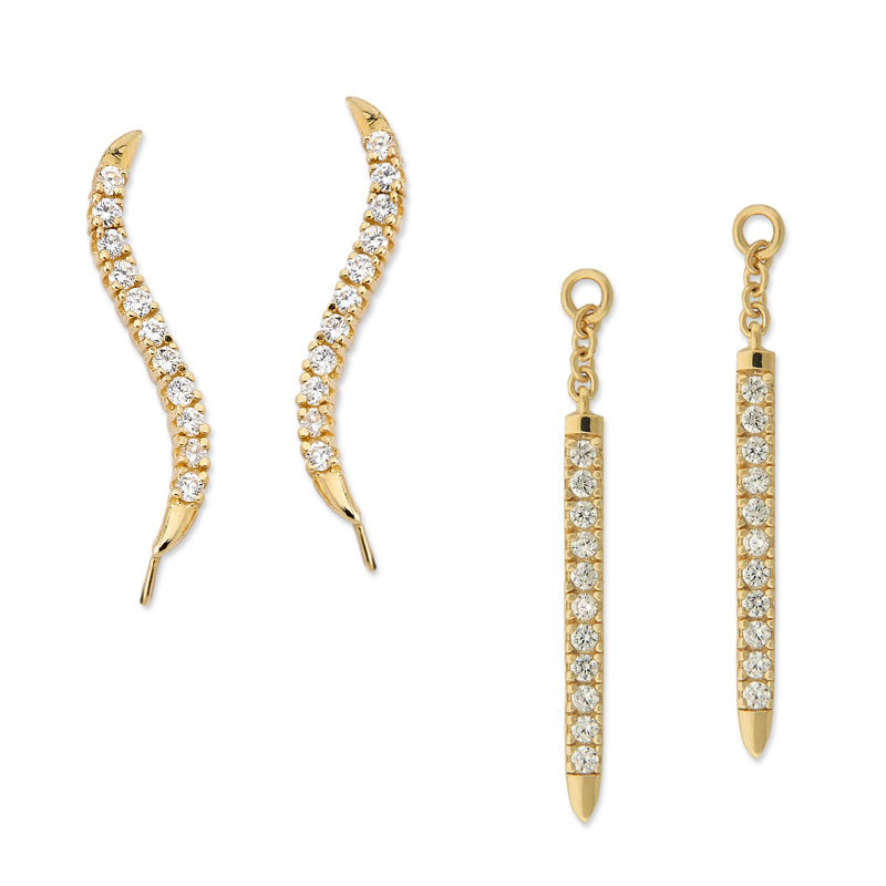Gold CZ Ear Pin Earrings with CZ Enhancer Dangle