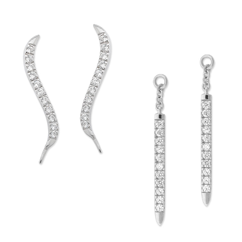 Silver CZ Ear Pin Earrings with CZ Enhancer Dangle