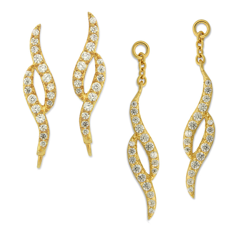 18k Gold Over Silver CZ Ear Pin Earrings with CZ Enhancer Dangle 
