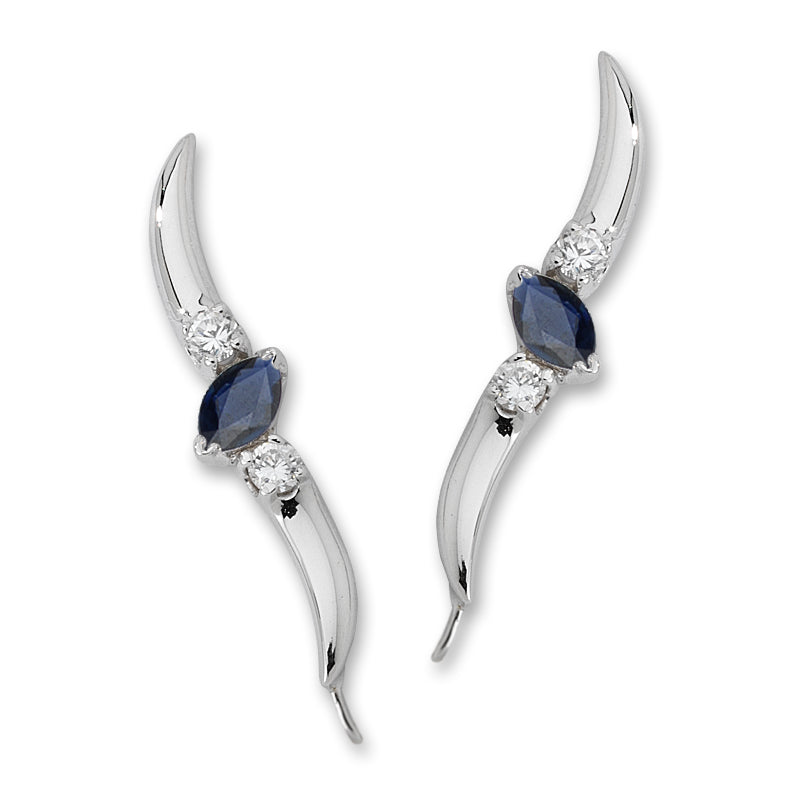 14k White Gold Diamond & Blue Sapphire Marquise Ear Pin Earrings