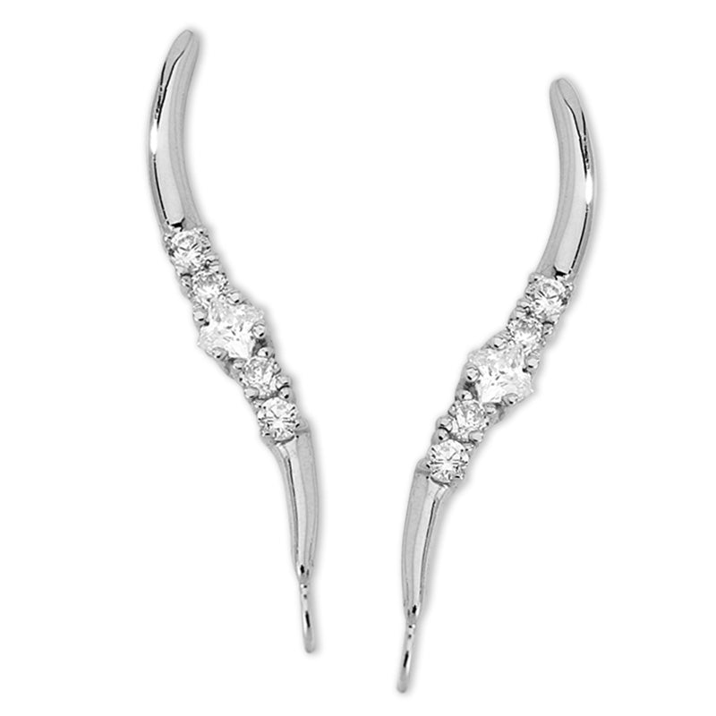 14k White Gold Cubic Zirconia Princess Cut Center Ear Pin Earrings