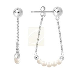 Silver Swarovski Pearls Arc Front-to-Back Chain Bead Stud Earrings