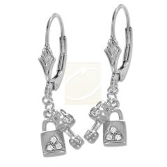 Silver Cubic Zirconia Love Lock Key Fleur-de_Lis Leverback Earrings