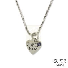 Stainless Steel Birthstone Super Mom Small Heart Pendant Necklace
