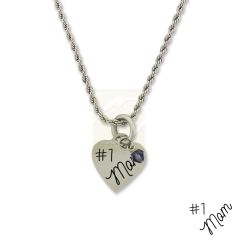 Stainless Steel Birthstone #1 Mom Small Heart Pendant Necklace