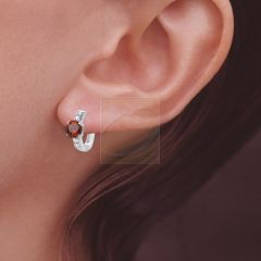 Garnet Gemstone Center with Accent CZ Hoop Earrings Sterling Silver
