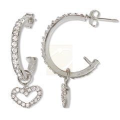 Cubic Zirconia Prong Set Dangle Heart Hoop Earrings in Silver