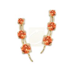 Ear Pin Ear Climber Earrings 3-in-1 Orange Cubic Zirconias Gold Over Silver