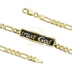 Trust God Italic Embossed Inspirational Figaro Link ID Bracelet 18k Gold Over Silver