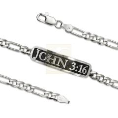 JOHN 3:16 Embossed Inspirational Figaro Link ID Bracelet Sterling Silver