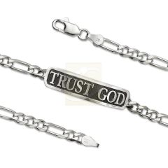 Trust God Bold Embossed Inspirational Figaro Link ID Bracelet Sterling Silver