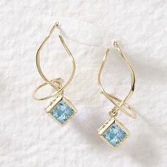 Square Cut Blue Topaz Dangle Earspirals Earrings in 14k Yellow Gold