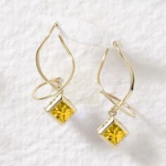 Square Cut Citrine Dangle Earspirals Earrings in 14k Yellow Gold