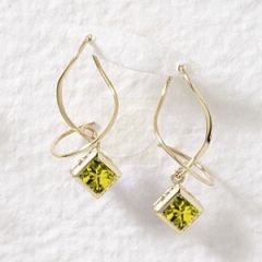 Square Cut Peridot Dangle Earspirals Earrings in 14k Yellow Gold