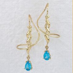 Pear Shape Blue Topaz Dangle Triple Swirls Earspirals Earrings in 14k Yellow Gold