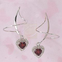 Heart Shape Garnet & Diamond  Dangle Earspirals Earrings in 14k White Gold