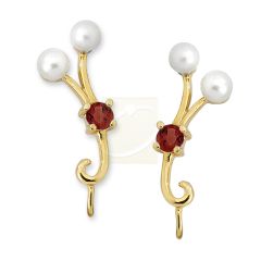 Double Pearls & Garnet Ear Pin Earrings in 14k Yellow Gold