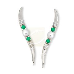 Emerald, Cubic Zirconia, &  Pearl Center  Ear Pin Earrings in 14k White Gold