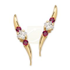 Ruby Accents and Cubic Zirconia Ear Pin Earrings in 14k Yellow Gold