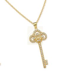 Cubic Zirconia Royalty Crown Key Pendant Necklace in Gold Over Silver
