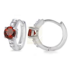 Garnet Gemstone Center with Accent CZ Hoop Earrings Sterling Silver