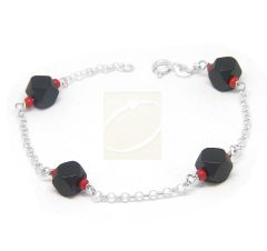 Jet Azabache Anklet 7mm w Red Coral Bead Sterling Silver