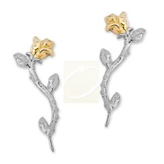 Two Tone Yellow and Silver Rose Stem Ear Pin Earrings