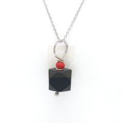 Jet Azabache Pendant 6mm w Red Coral Bead 14k White Gold