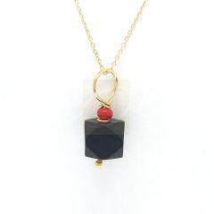 Jet Azabache Pendant w Red Coral Bead 6mm Size 14k Yellow Gold