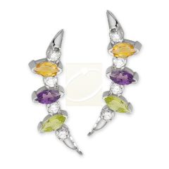 Peridot, Amethyst, Citrine Marquise and Diamonds Ear Pin Earrings in 14k White Gold