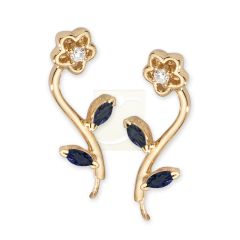 Blue Sapphire & CZ Flower Stem Ear Pin Earrings in 14k Yellow Gold