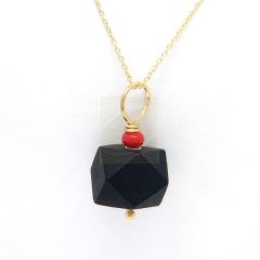 Jet Azabache Pendant w Red Coral Bead 9mm Size 14k Yellow Gold