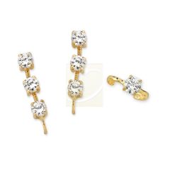 Gold Over Silver 3-in-1 Cubic Zirconia Ear Pin Earrings with Solitaire CZ Earcuff Earring
